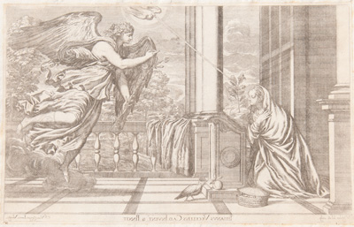 Titian etching from 1682 The Annunciation of the Madonna
(AKA The Angel Gabriel announces the birth of Jesus to Mary; the Light of the Holy Spirit on her brow) 